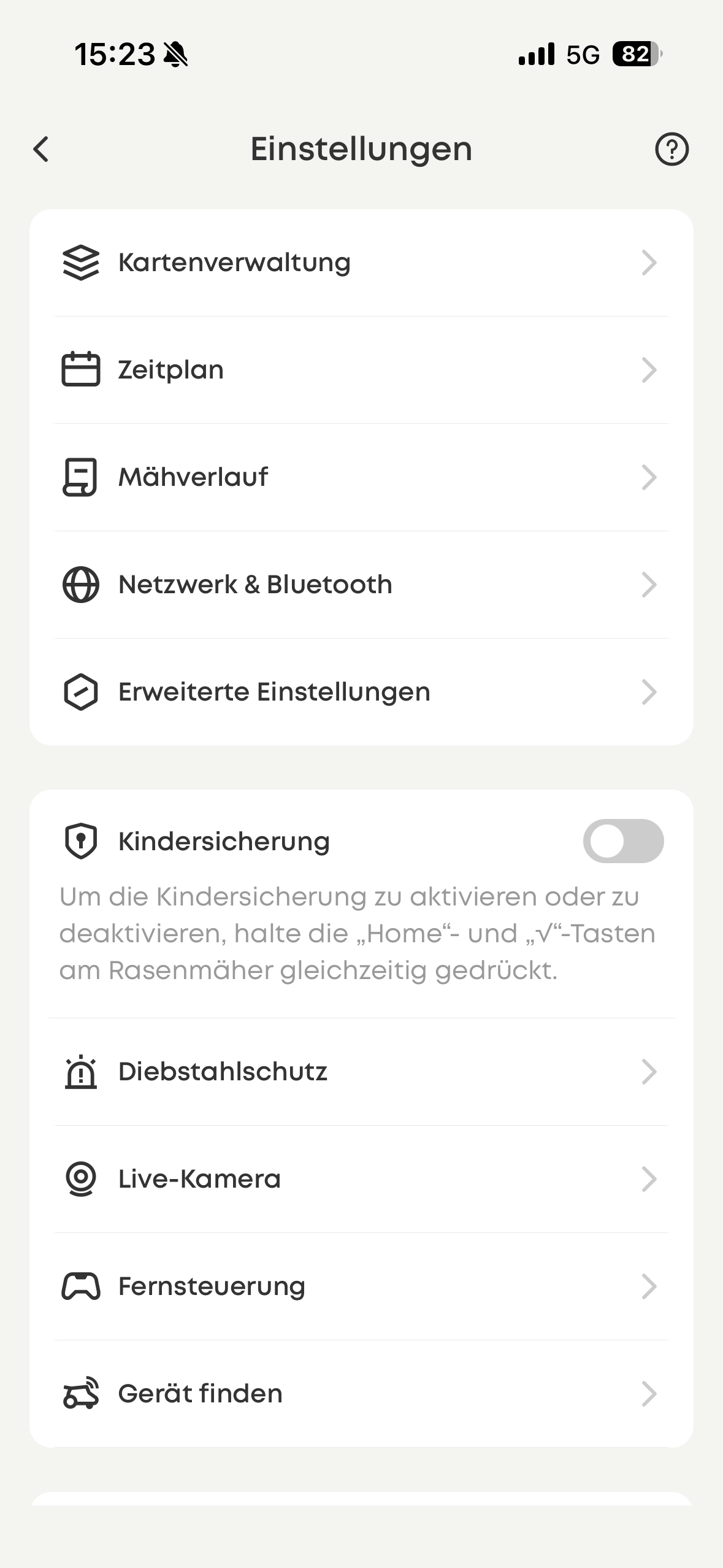 eufy E15 App – Einstellungen: Kartenverwaltung, Zeitplan, Mähverlauf, Kindersicherung, Diebstahlschutz, Live-Kamera, Fernsteuerung
