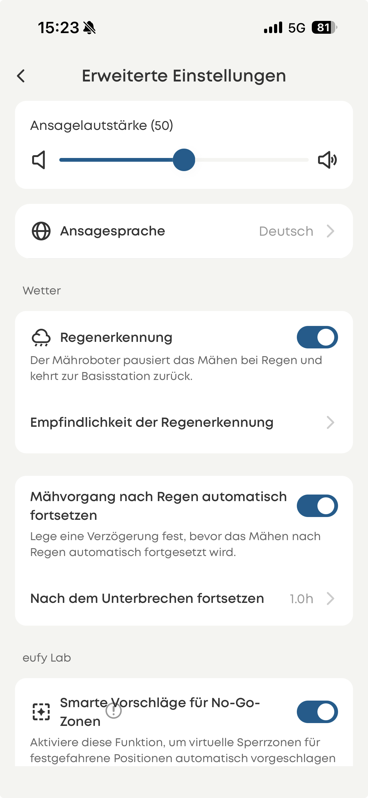 eufy E15 App – Erweiterte Einstellungen: Regenerkennung, Auto-Fortsetzen, Smarte No-Go-Zonen