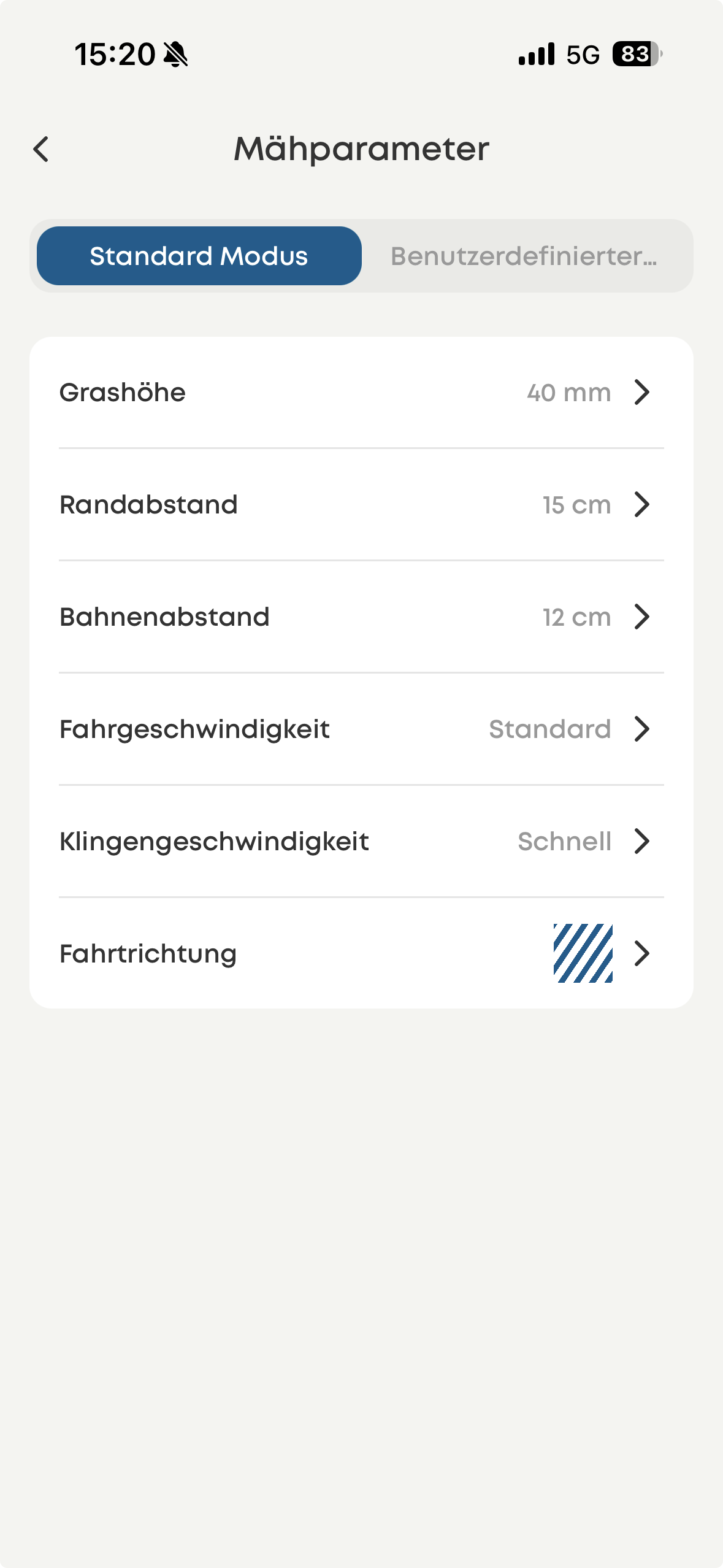 eufy E15 App – Mähparameter: Grashöhe, Randabstand, Bahnenabstand, Geschwindigkeit