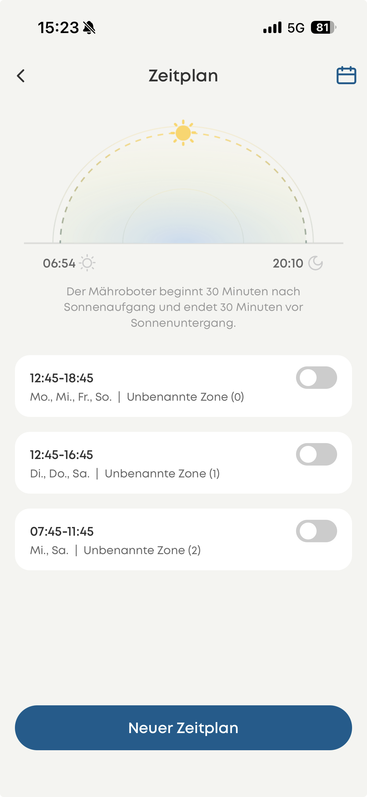 eufy E15 App – Zeitplan mit drei automatischen Mähzeiten und Sonnenauf-/untergang