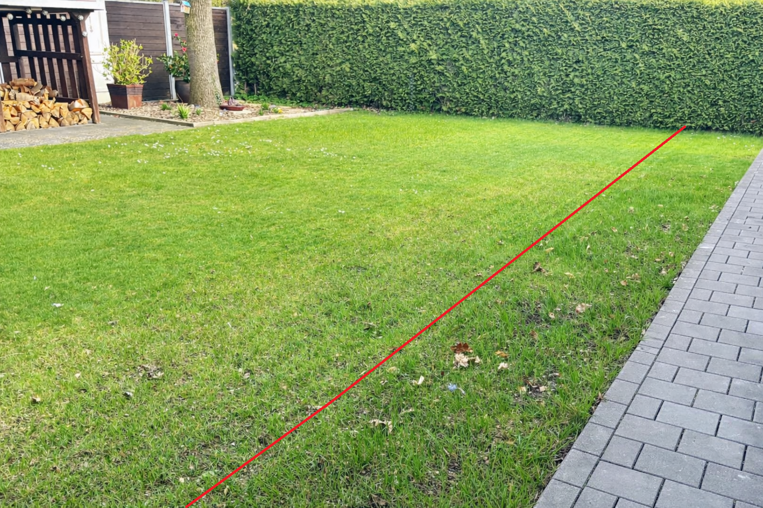 eufy E15 Saisonstart Ergebnis – links frisch gemähter Rasen, rechts noch ungemäht mit Herbstblättern